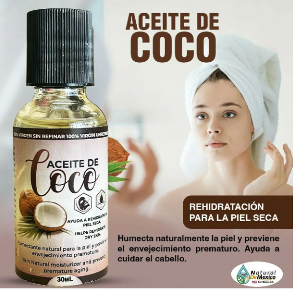 ACEITE DE COCO 30ML. ORGANIC COCONUT OIL 100% ACEITE PURO PARA EL CABELLO,PIEL & MASAGES